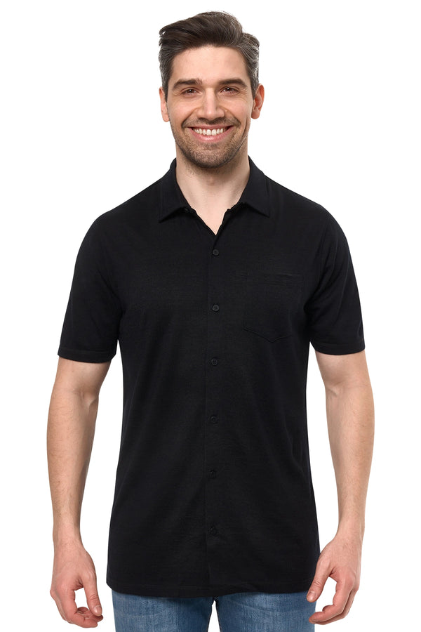Men's Merino Button-Up Short Sleeve Shirt Black