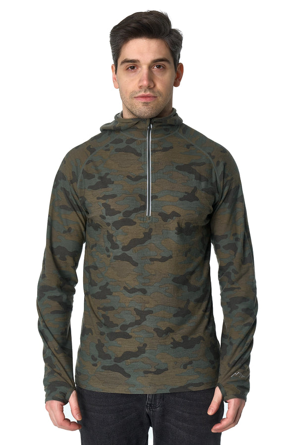 Men's Merino Wool Half Zip Hoodie 190 Camo