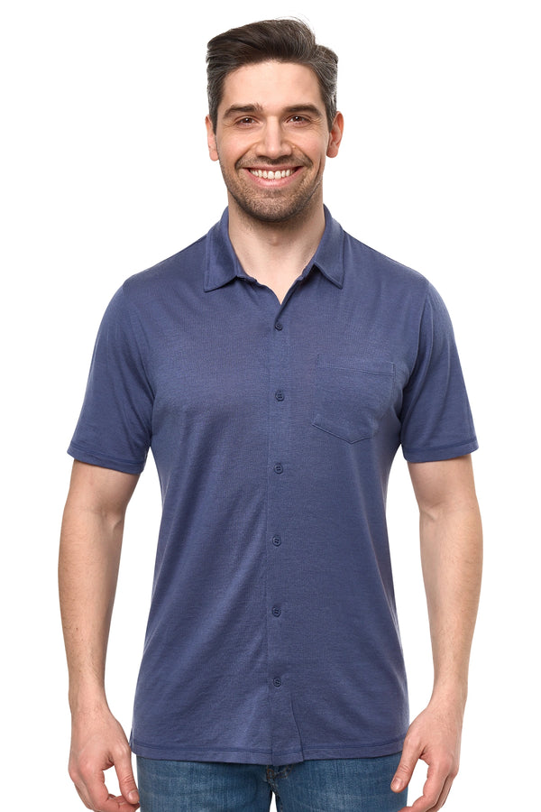 Men's Merino Button-Up Short Sleeve Shirt Dark Blue