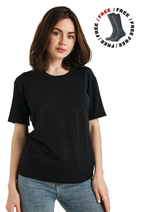 Camiseta Merino para mujer 180 Negro jaspeado | Cuello redondo (+calcetines)