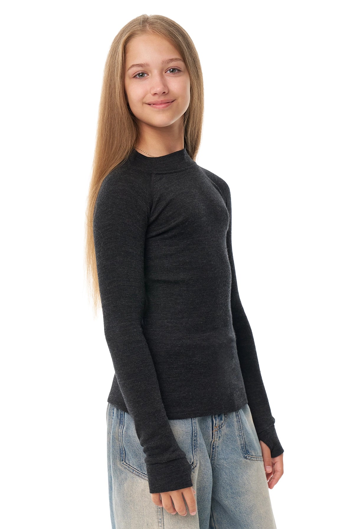Kids' Merino Turtleneck Long Sleeve 250 Charcoal Grey