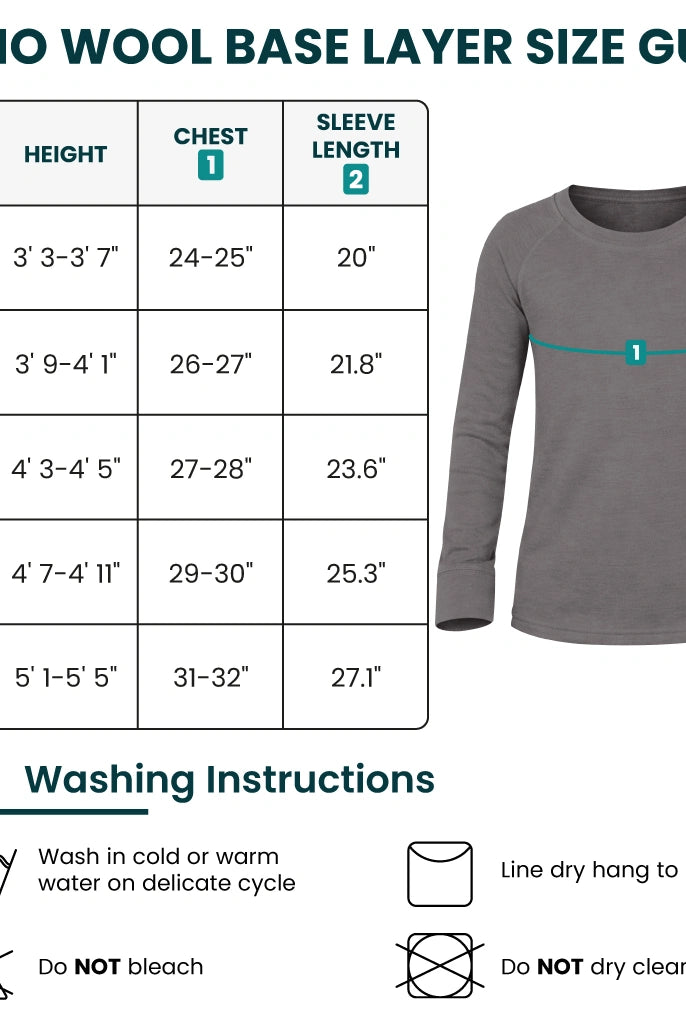 Kids' merino long sleeve size chart
