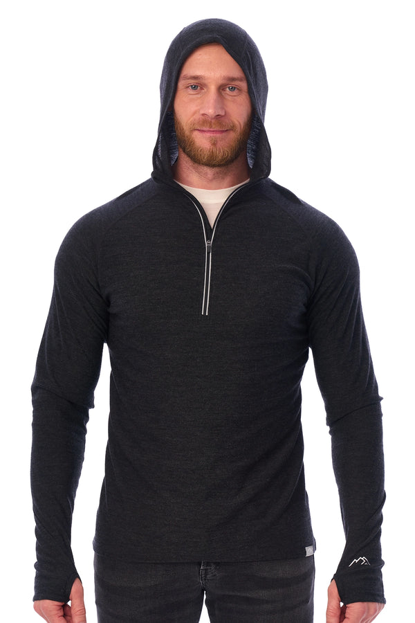 Men's Merino Wool Half Zip Hoodie 190 Charcoal Grey
