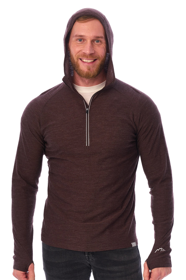 Men's Merino Wool Half Zip Hoodie 190 Chocolate
