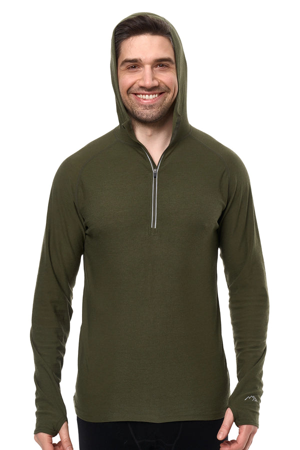 Men's Merino Wool Half Zip Hoodie 190 Dark Olive