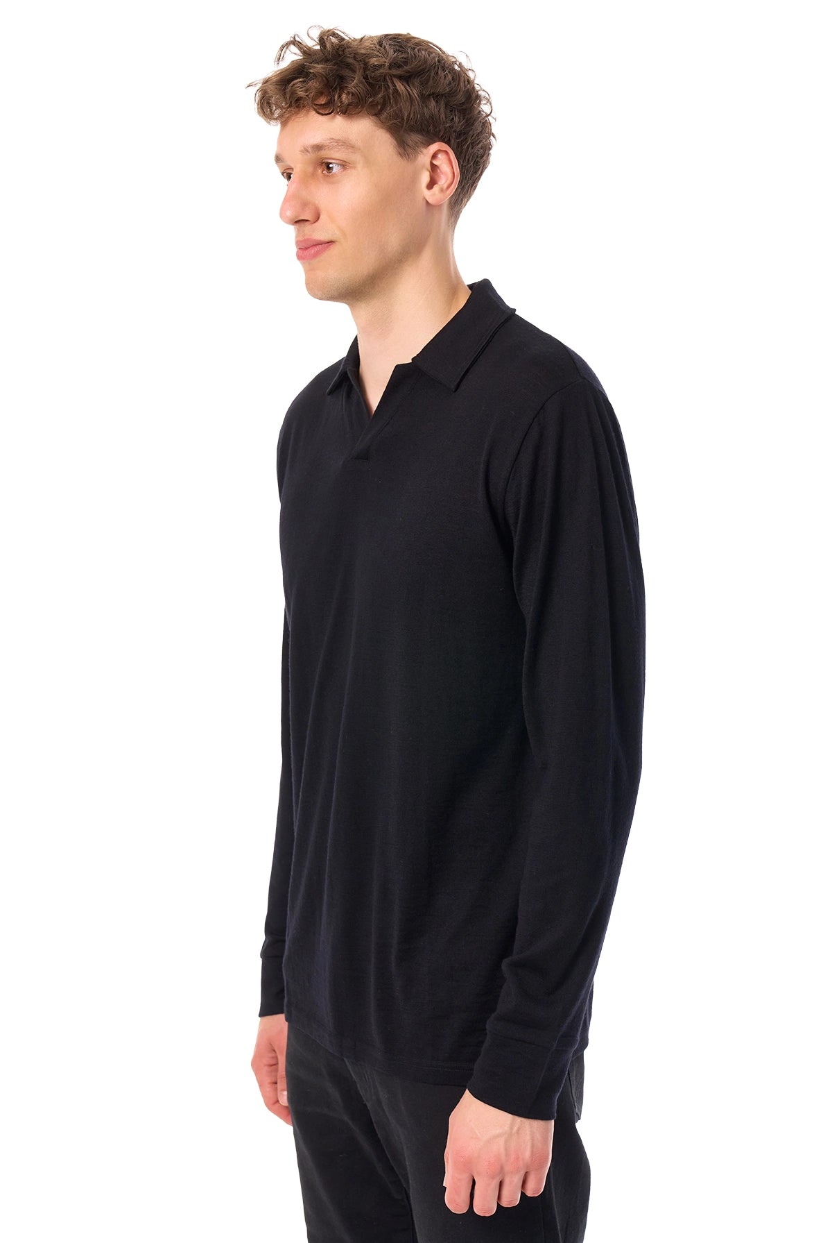 Men's Merino Wool Long Sleeve Polo Black Open Collar — view 5