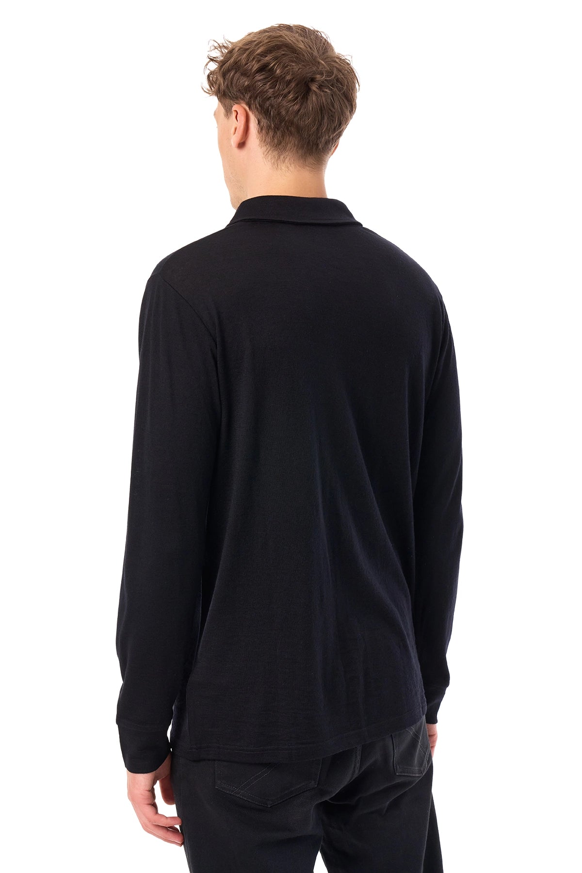 Men's Merino Wool Long Sleeve Polo Black Open Collar — view 2