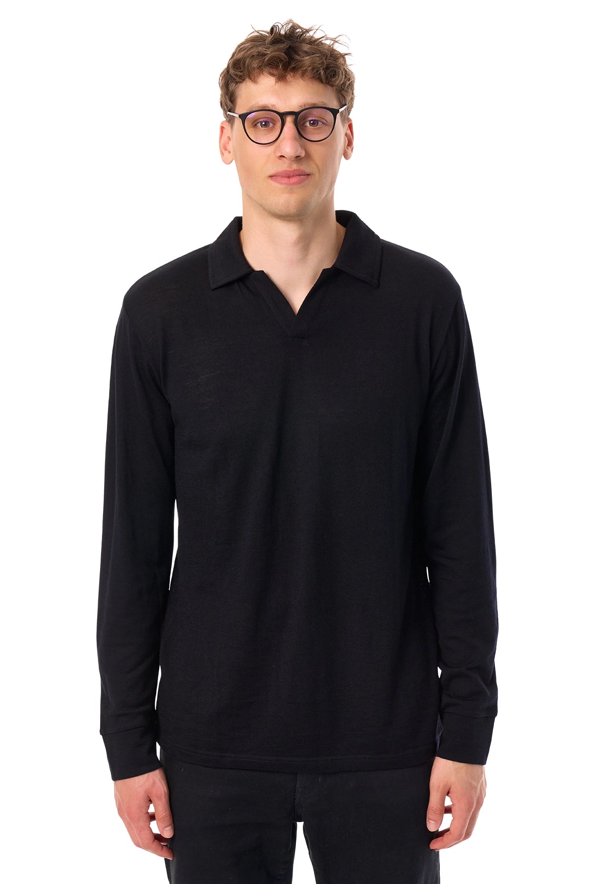 Men's Merino Wool Long Sleeve Polo Black Open Collar — view 3
