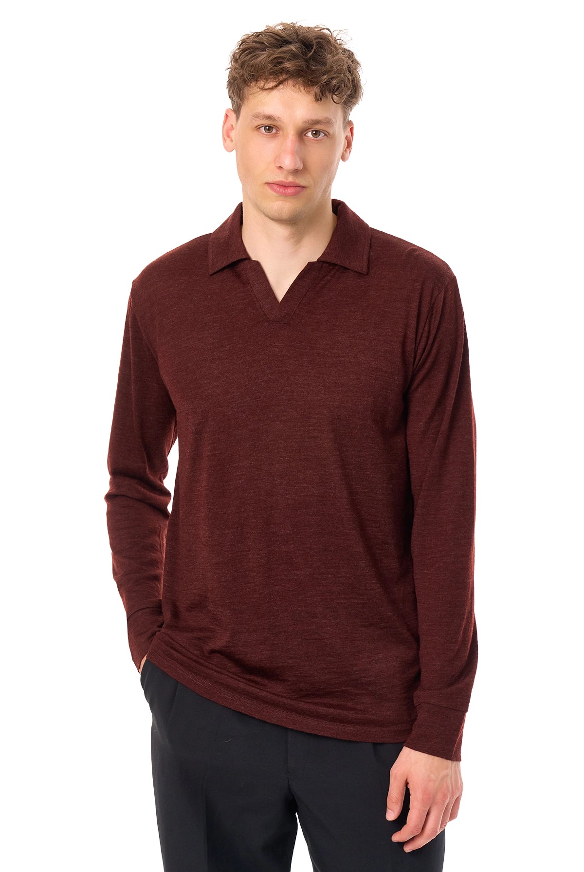 Men's Merino Wool Long Sleeve Polo Bordo Open Collar