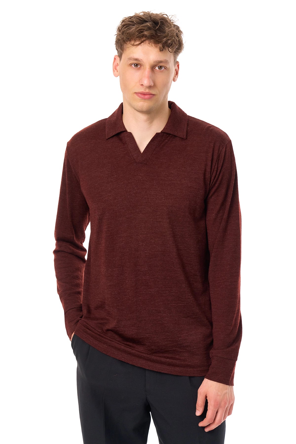 Men's Merino Wool Long Sleeve Polo Bordo Open Collar