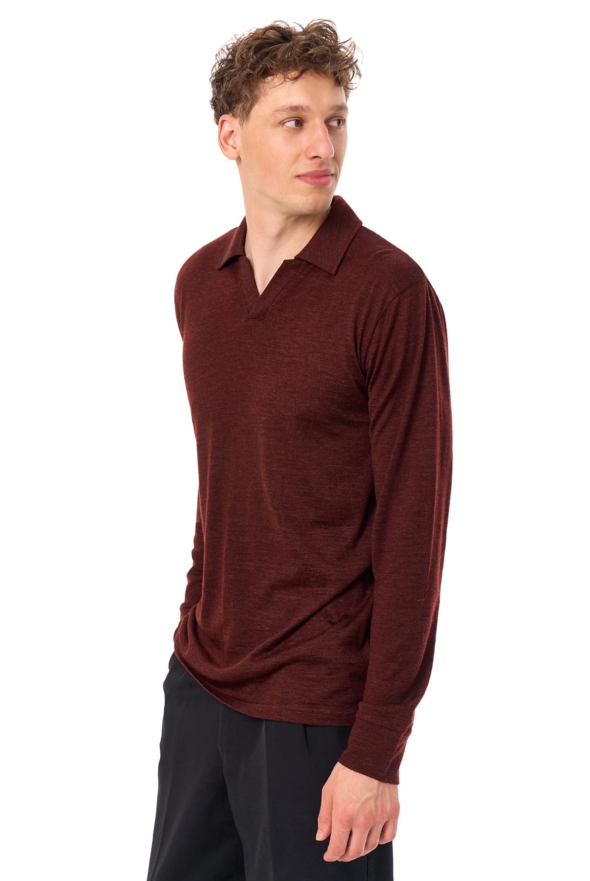 Men's Merino Wool Long Sleeve Polo Bordo Open Collar — view 4