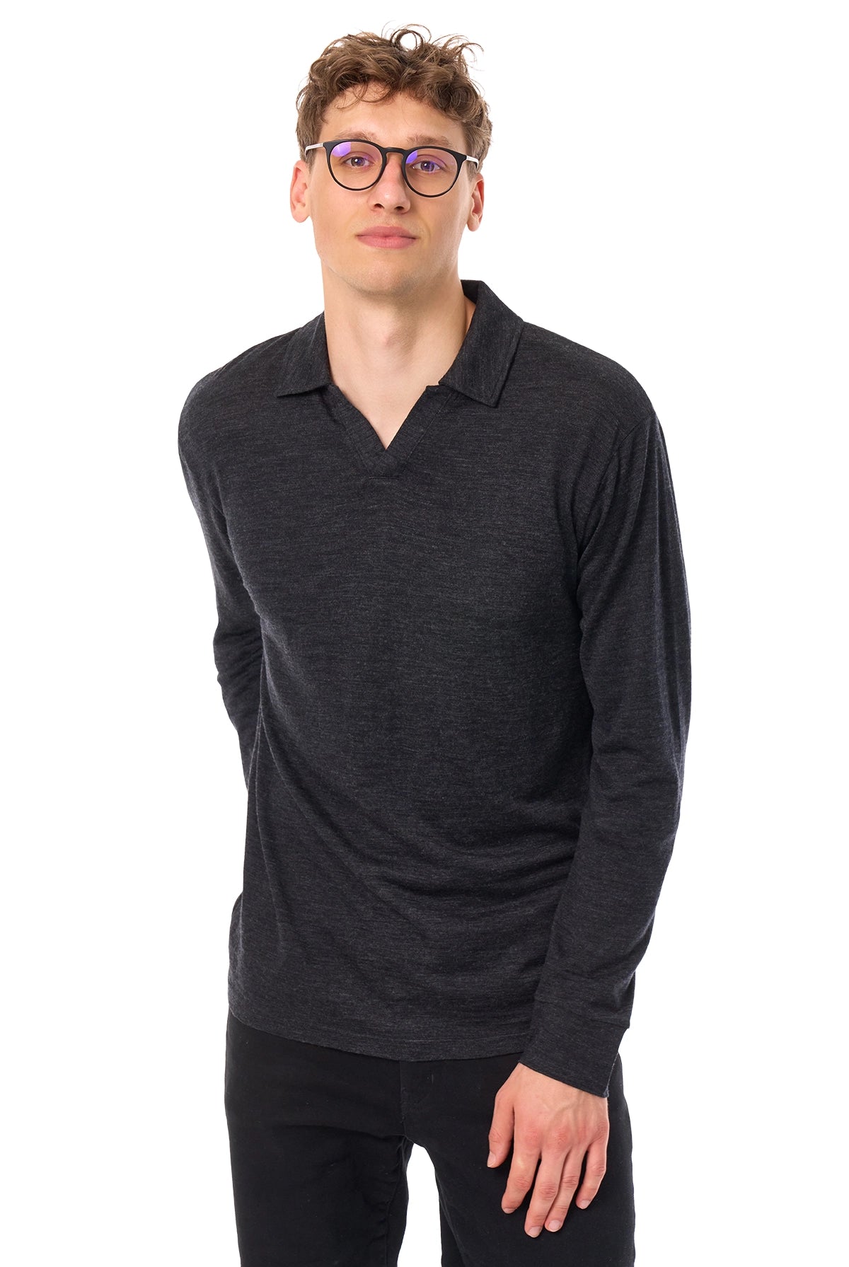 Men's Merino Wool Long Sleeve Polo Charcoal Grey Open Collar