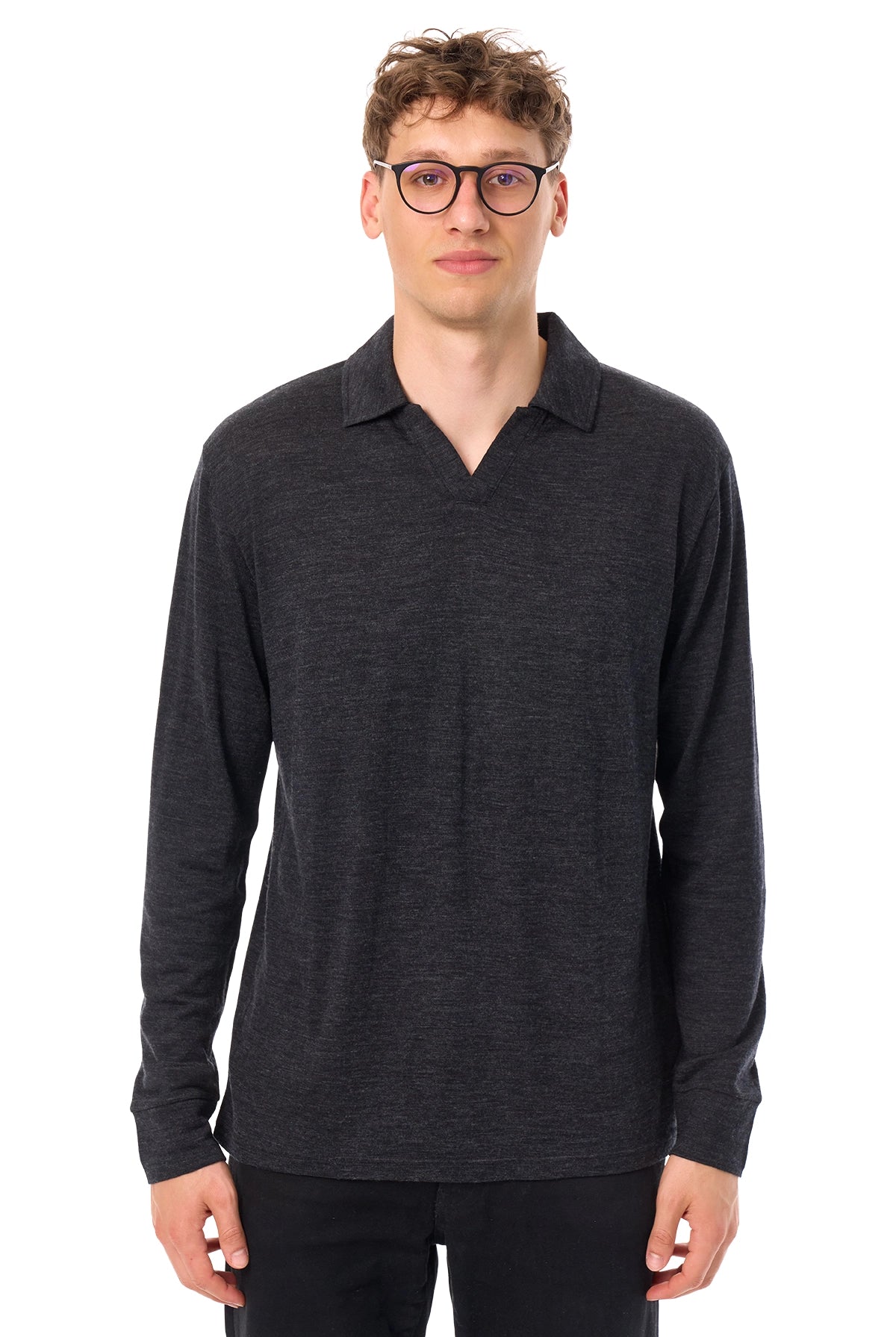 Men's Merino Wool Long Sleeve Polo Charcoal Grey Open Collar — view 3