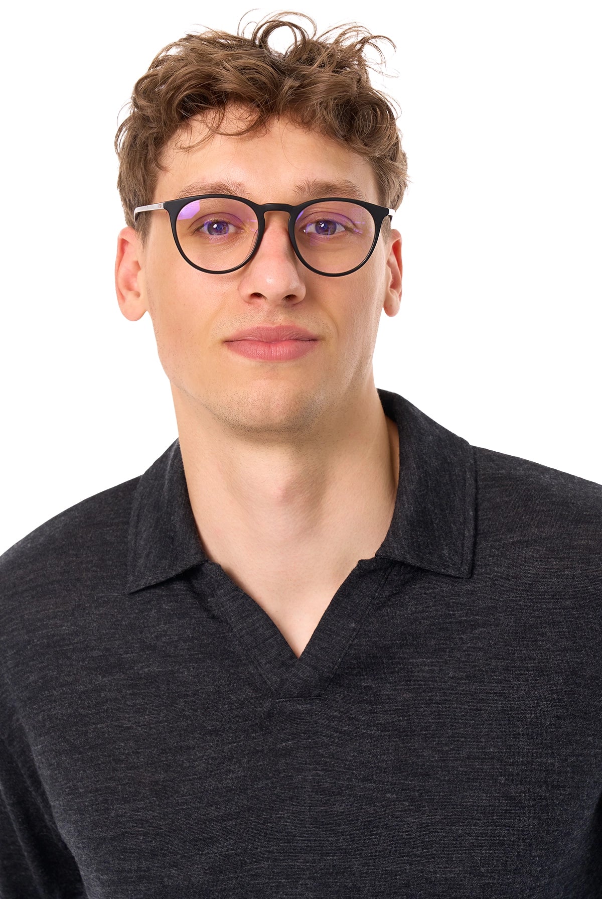 Men's Merino Wool Long Sleeve Polo Charcoal Grey Open Collar — view 6