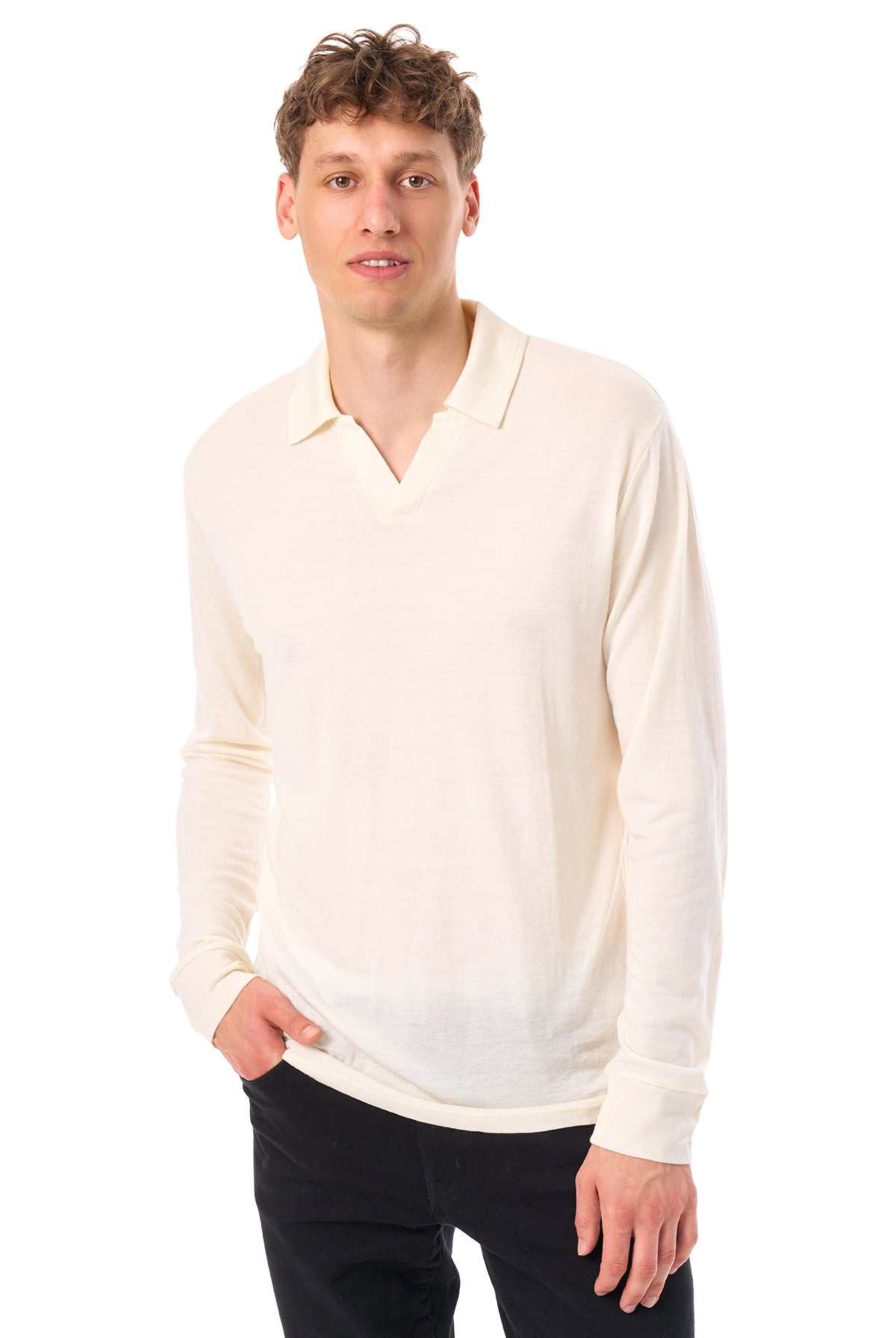 Men's Merino Wool Long Sleeve Polo Natural White Open Collar