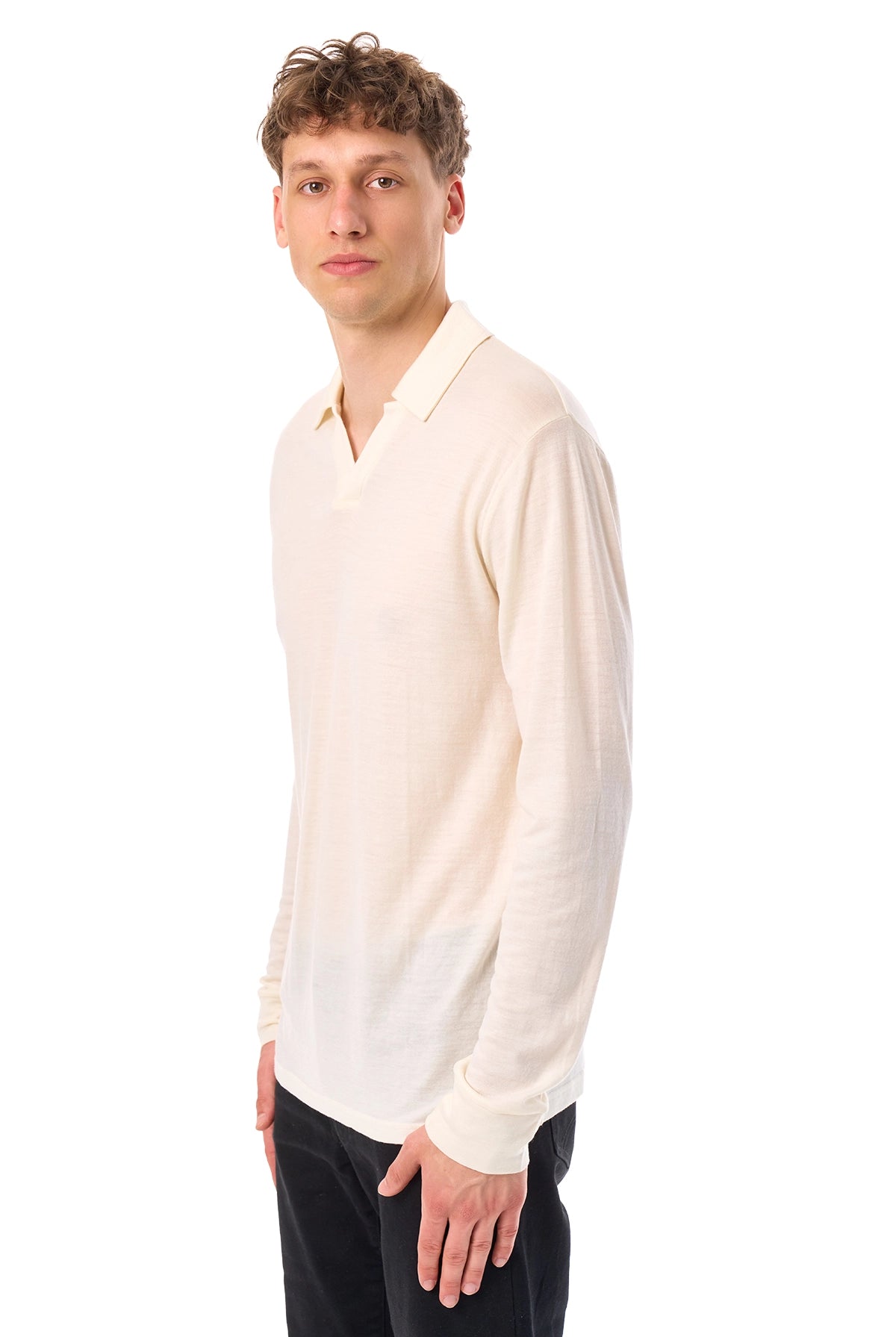 Men's Merino Wool Long Sleeve Polo Natural White Open Collar — view 5