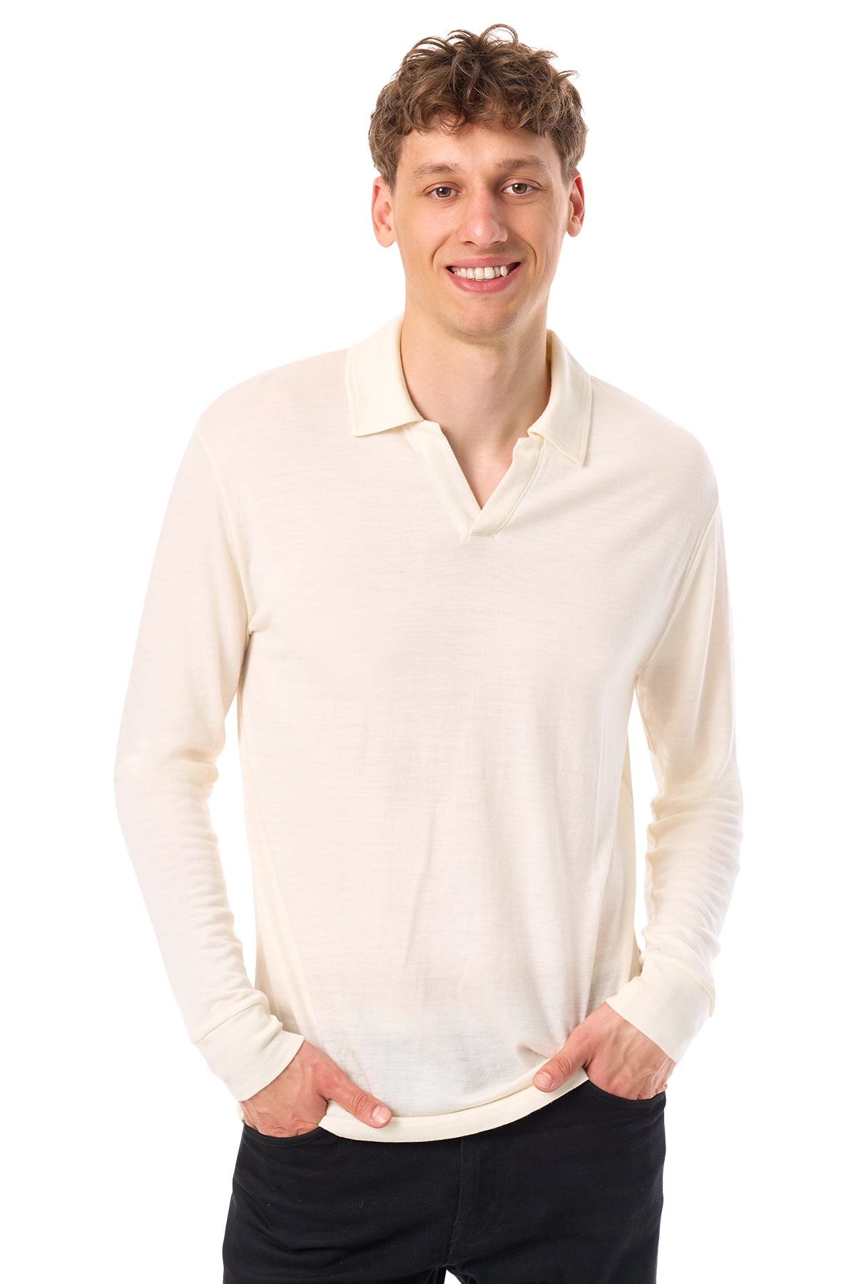 Men's Merino Wool Long Sleeve Polo Natural White Open Collar — view 4