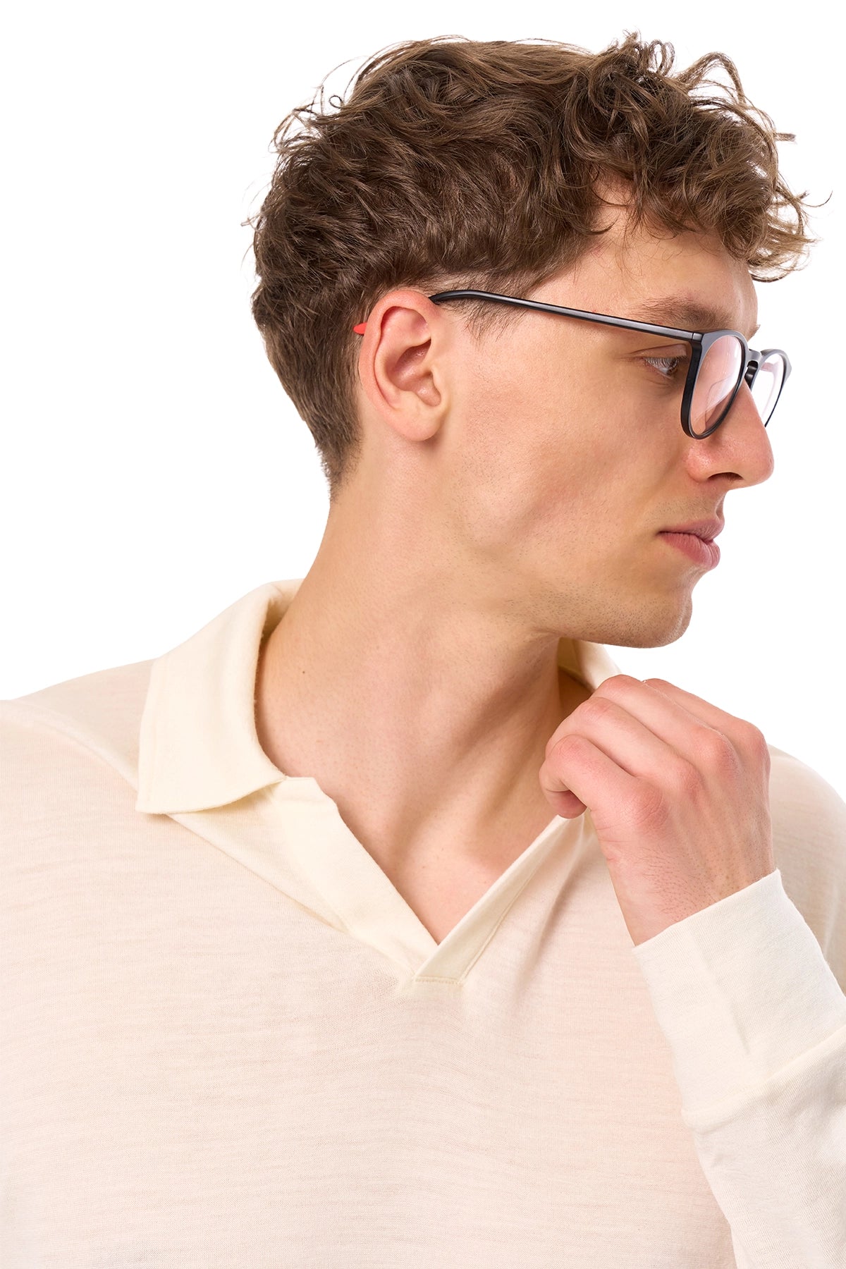Men's Merino Wool Long Sleeve Polo Natural White Open Collar — view 6