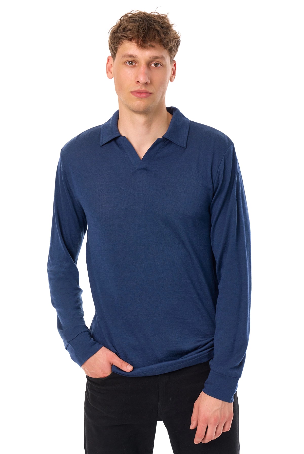 Men's Merino Wool Long Sleeve Polo Navy Open Collar