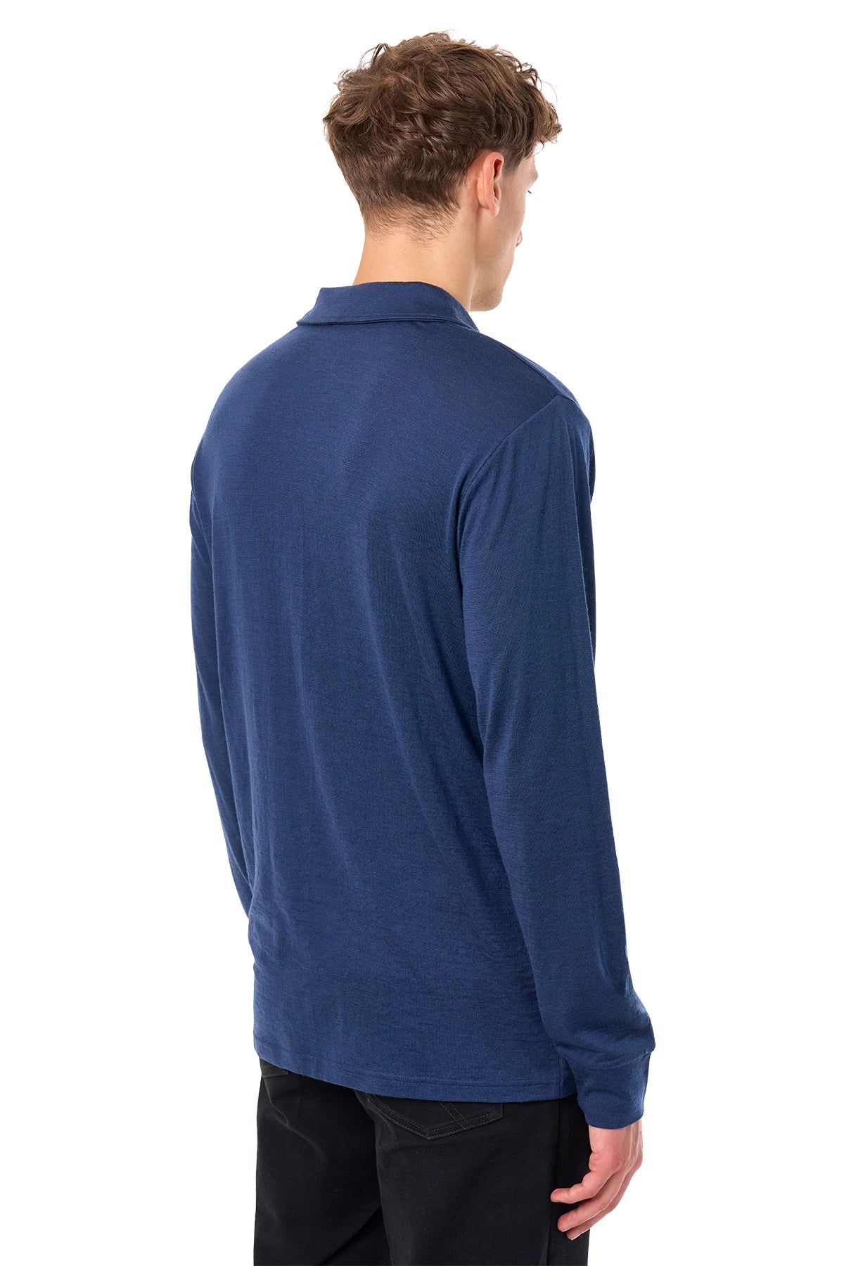 Men's Merino Wool Long Sleeve Polo Navy Open Collar — view 2