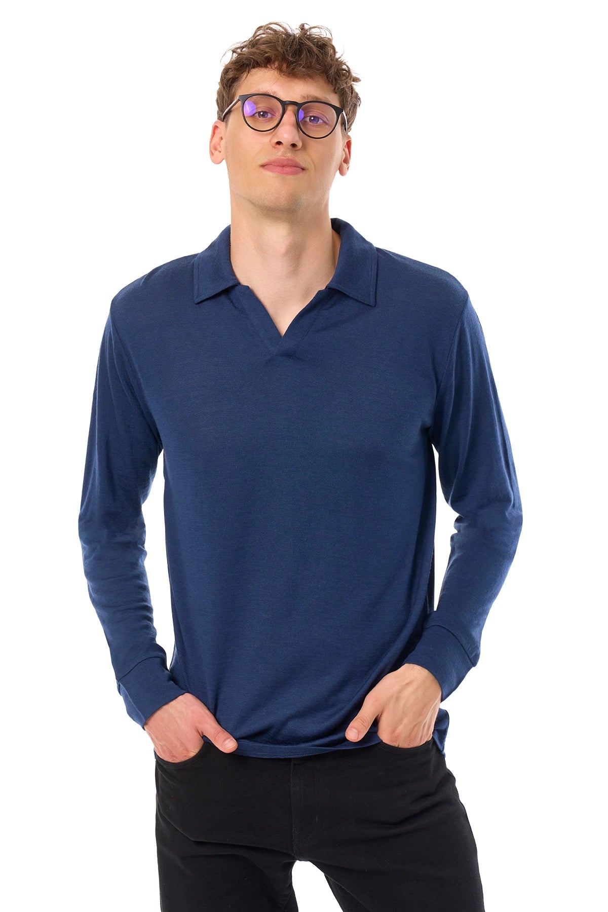Men's Merino Wool Long Sleeve Polo Navy Open Collar — view 3
