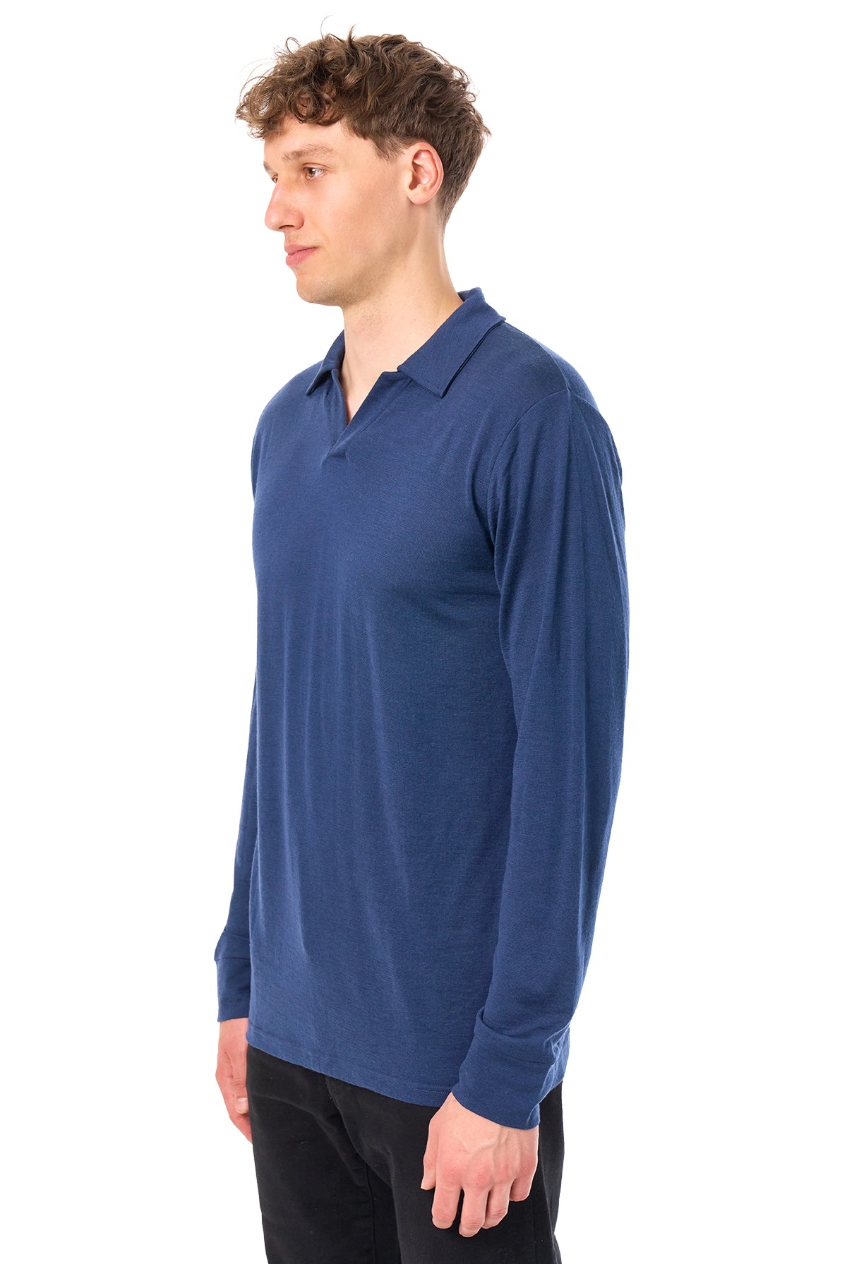 Men's Merino Wool Long Sleeve Polo Navy Open Collar — view 5
