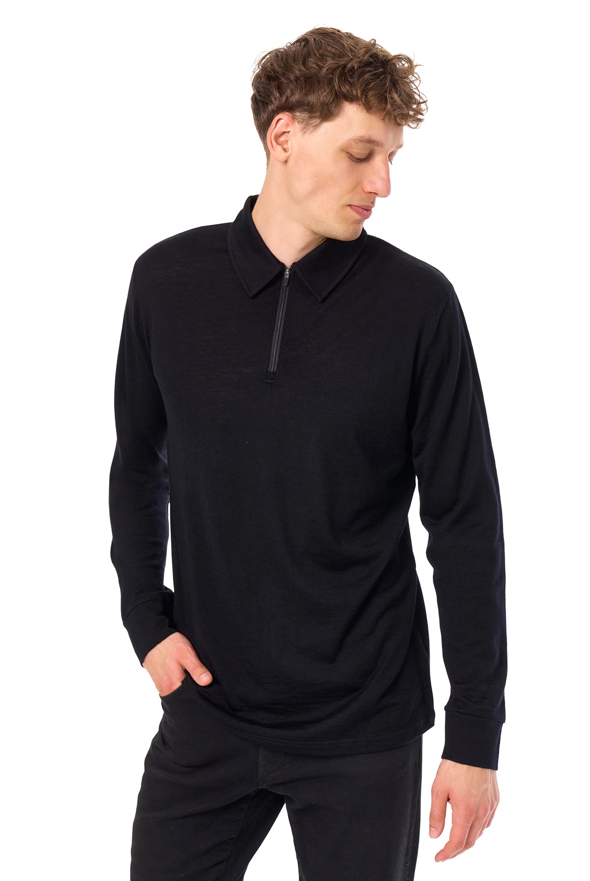 Men's Merino Half Zip Long Sleeve Polo Black
