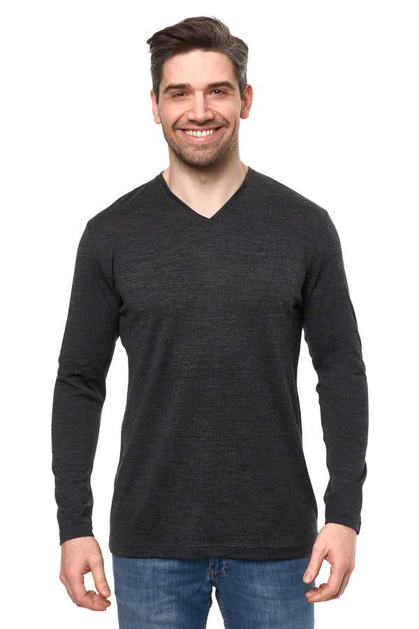 Camiseta de manga larga Merino 190 para hombre, color negro jaspeado | Cuello de pico