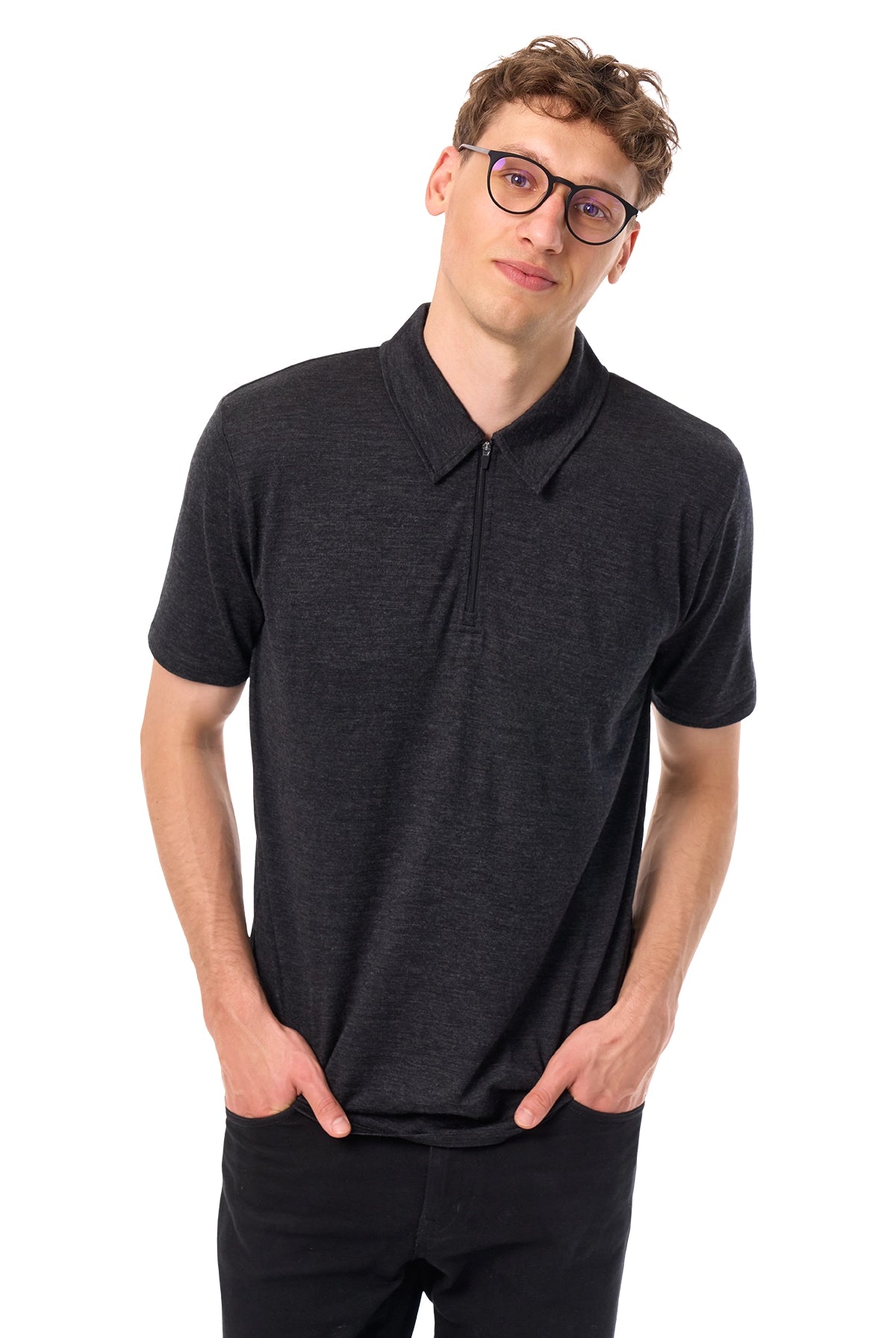 Men's Merino Half Zip Polo Charcoal Grey — view 3