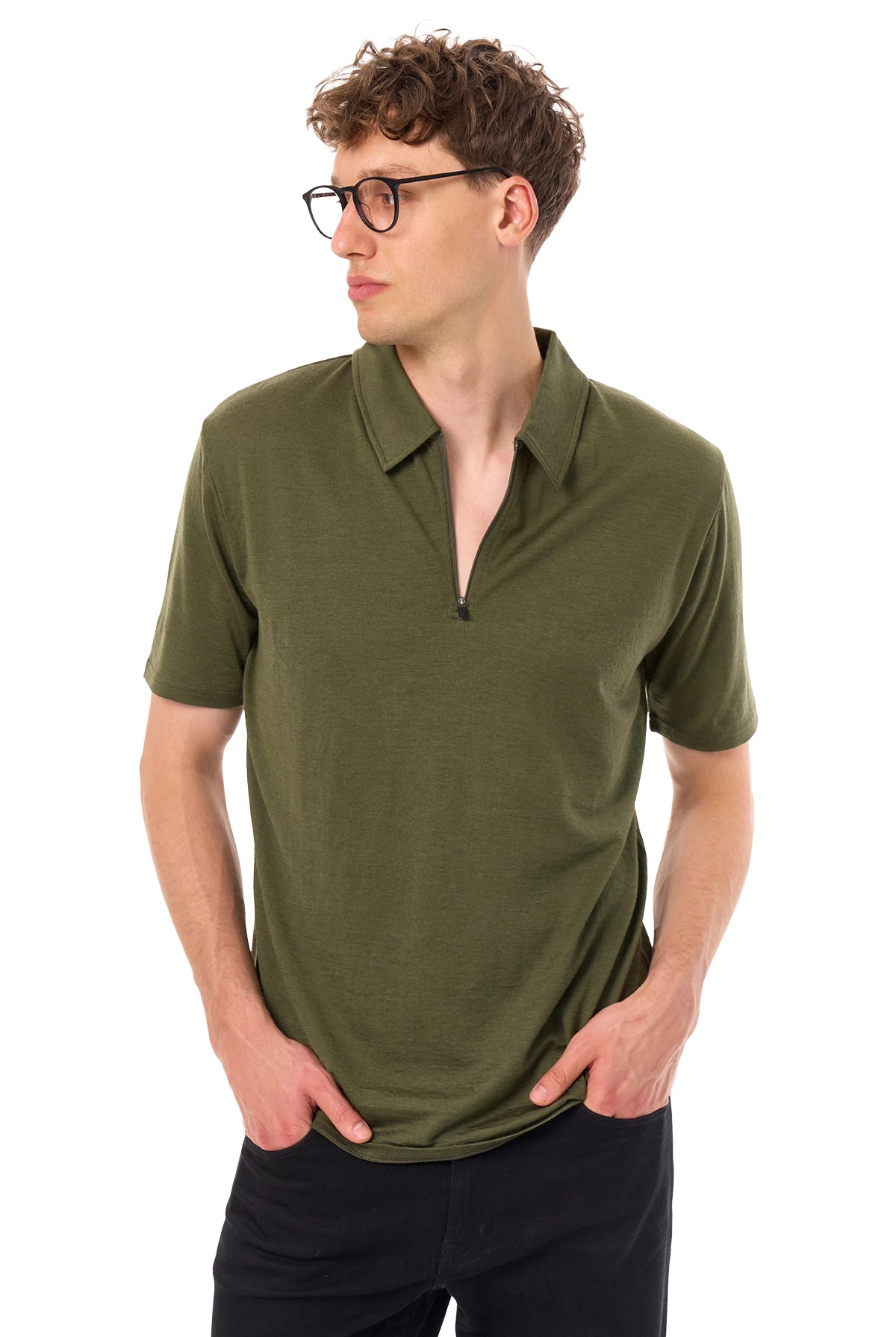 Men's Merino Half Zip Polo Dark Olive — view 3