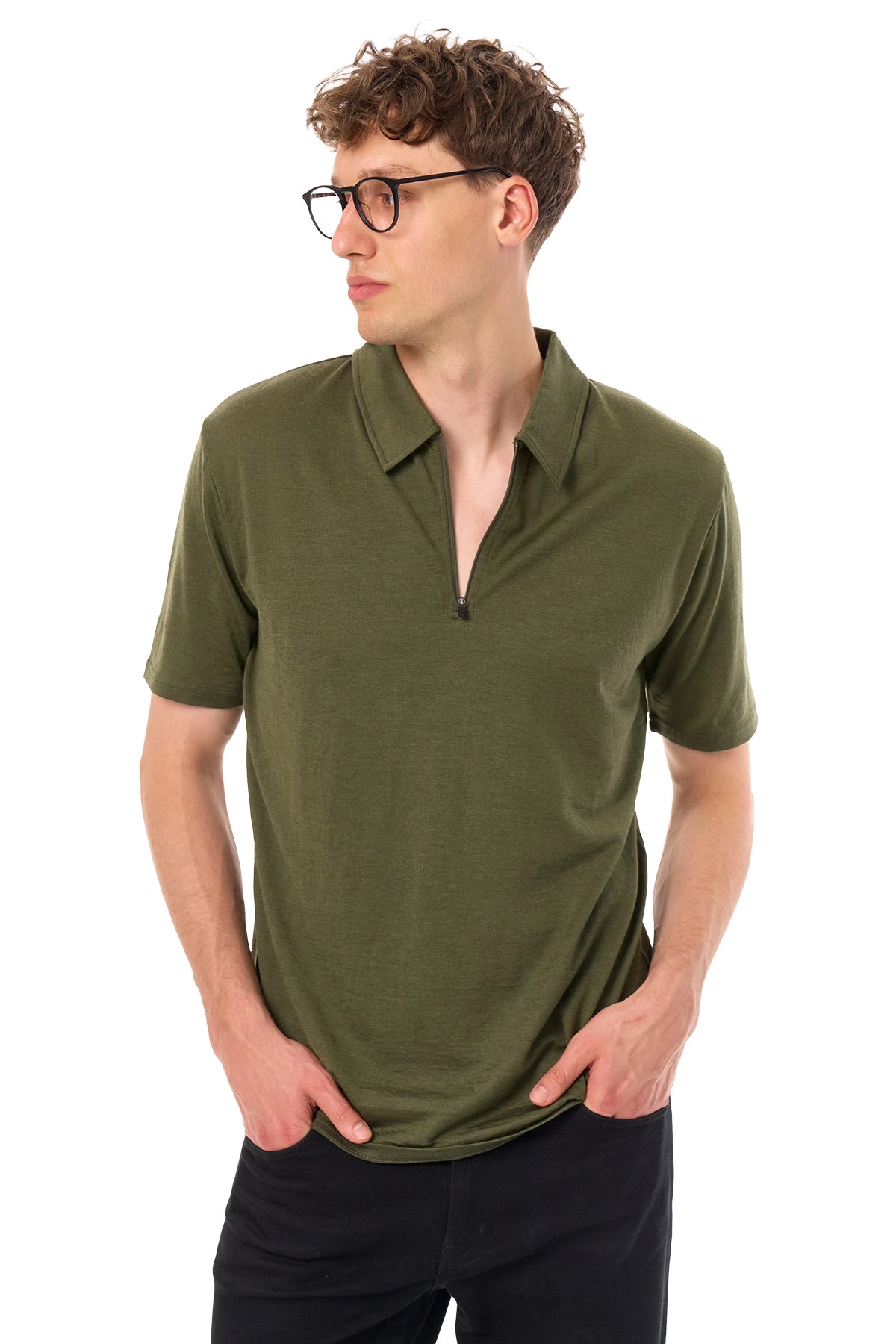Men's Merino Half Zip Polo Dark Olive — view 3