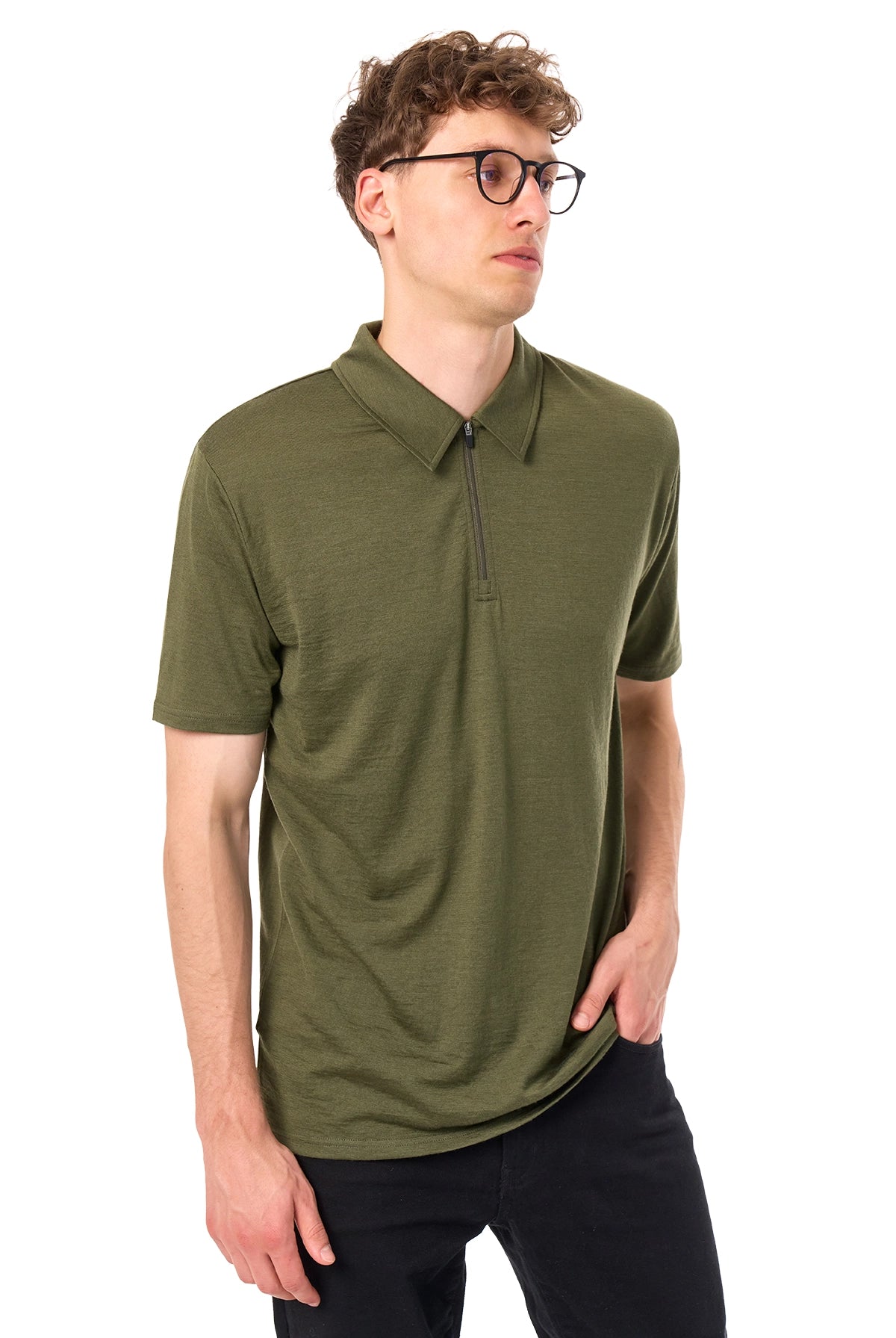 Men's Merino Half Zip Polo Dark Olive — view 4