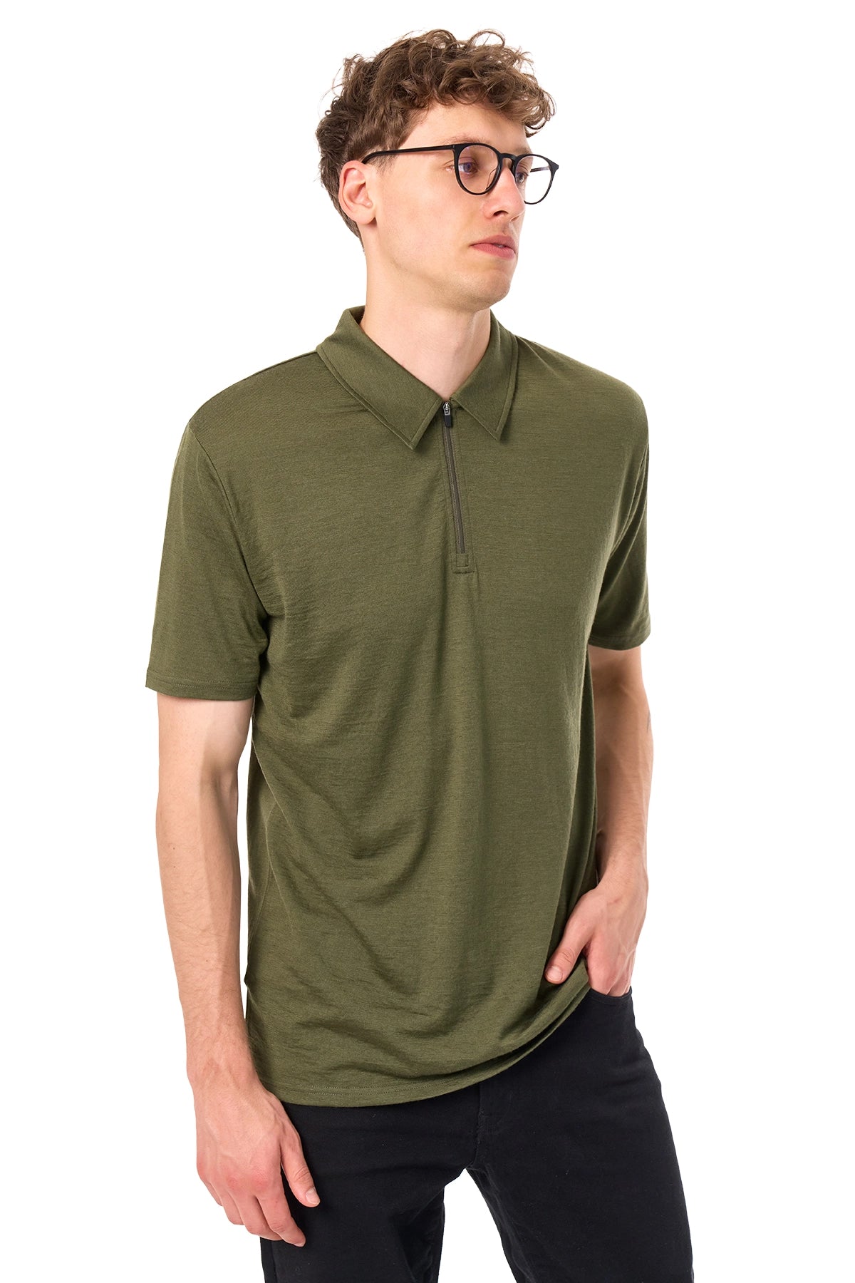 Men's Merino Half Zip Polo Dark Olive — view 4