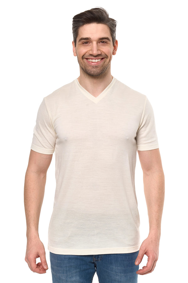 Men's Merino Sport T-shirt Ivory White V-Neck