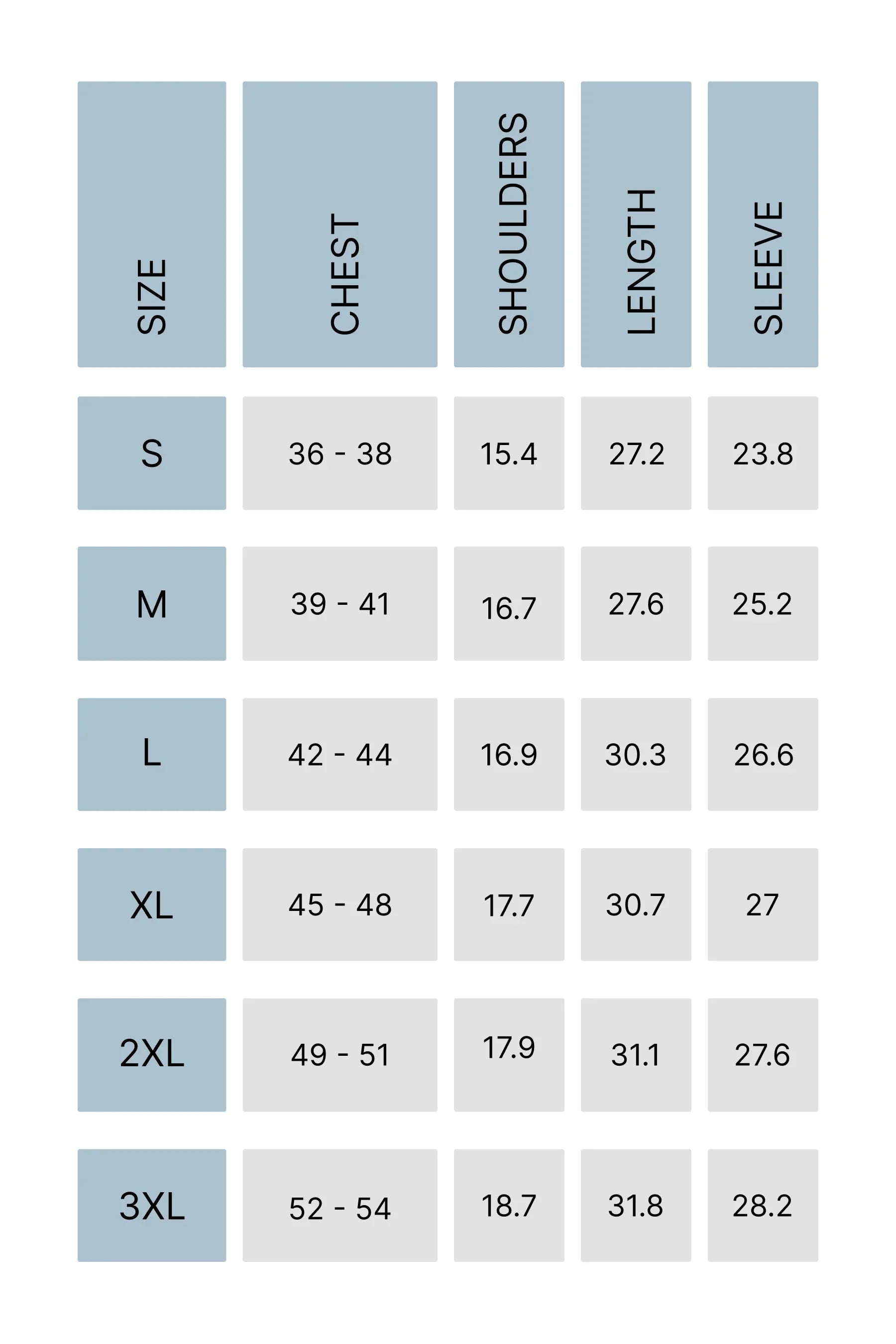 Men's merino long sleeve size chart