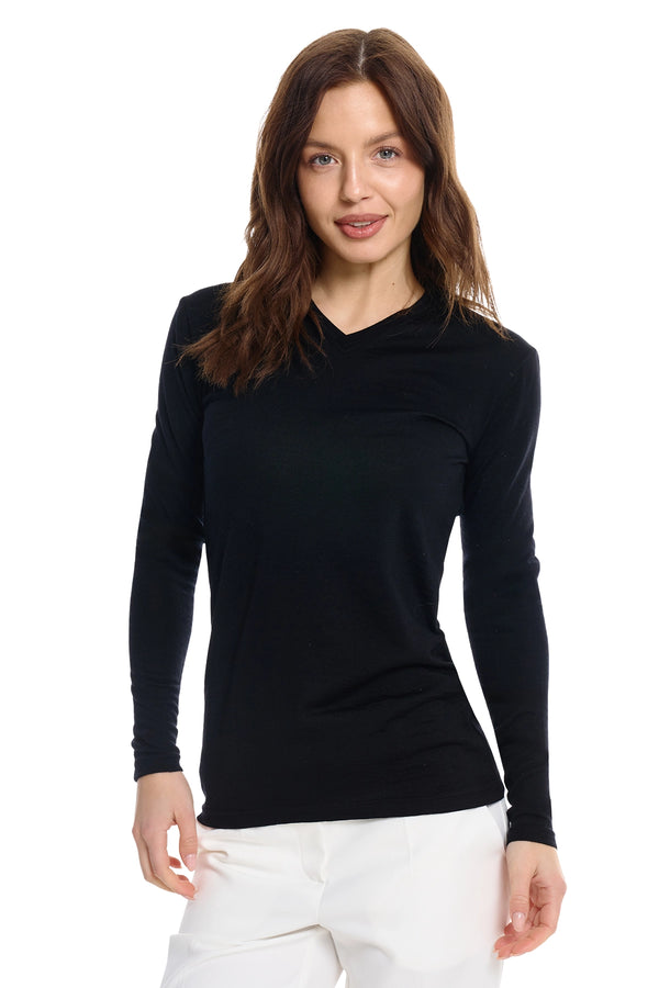 Women's Merino Long Sleeve 190 Black V-Neck