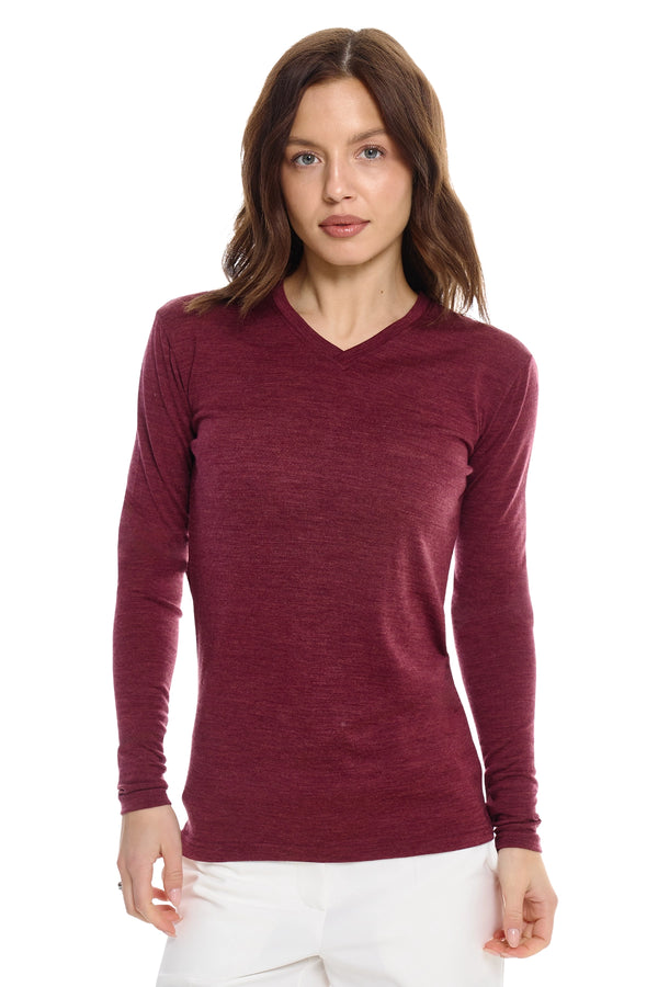 Women's Merino Long Sleeve 190 Burgundy V-Neck