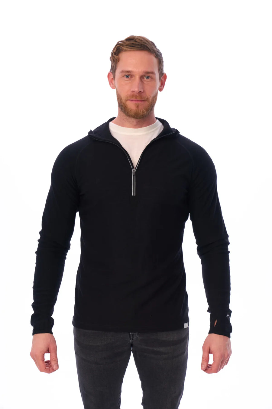 Men's Merino Wool Half Zip Hoodie 190 Black — view 4