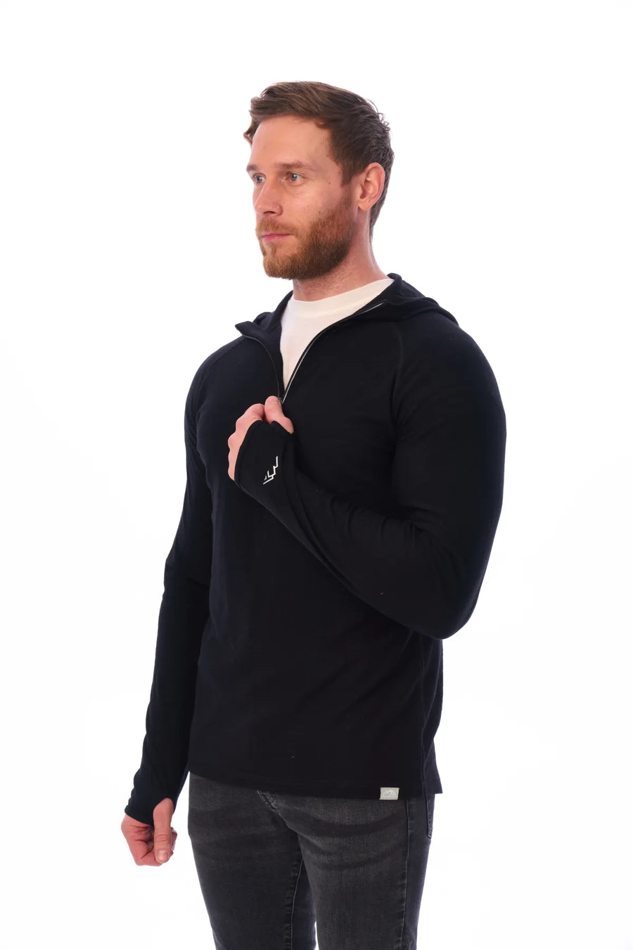 Men's Merino Wool Half Zip Hoodie 190 Black — view 5