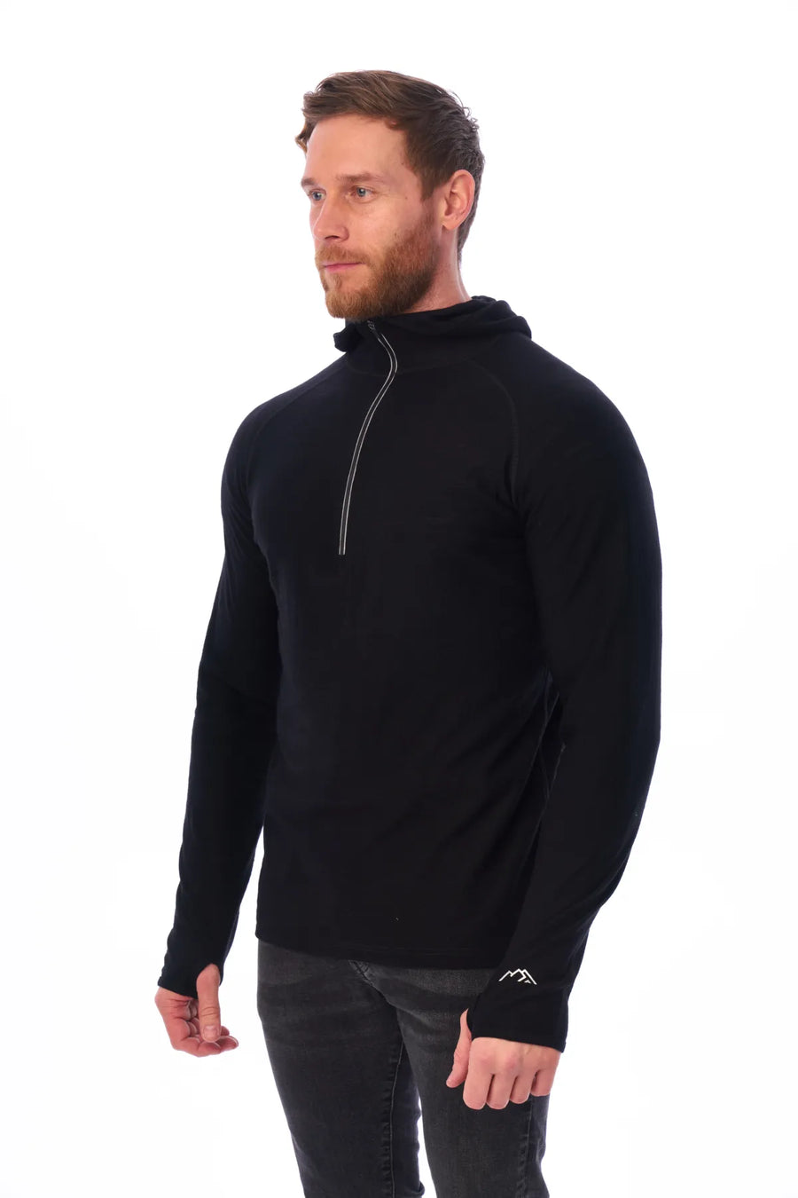 Men's Merino Wool Half Zip Hoodie 190 Black — view 6