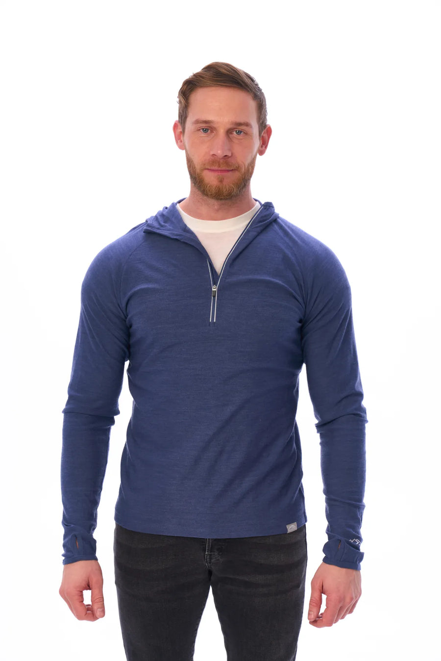 Men's Merino Wool Half Zip Hoodie 190 Windsor Blue — view 6