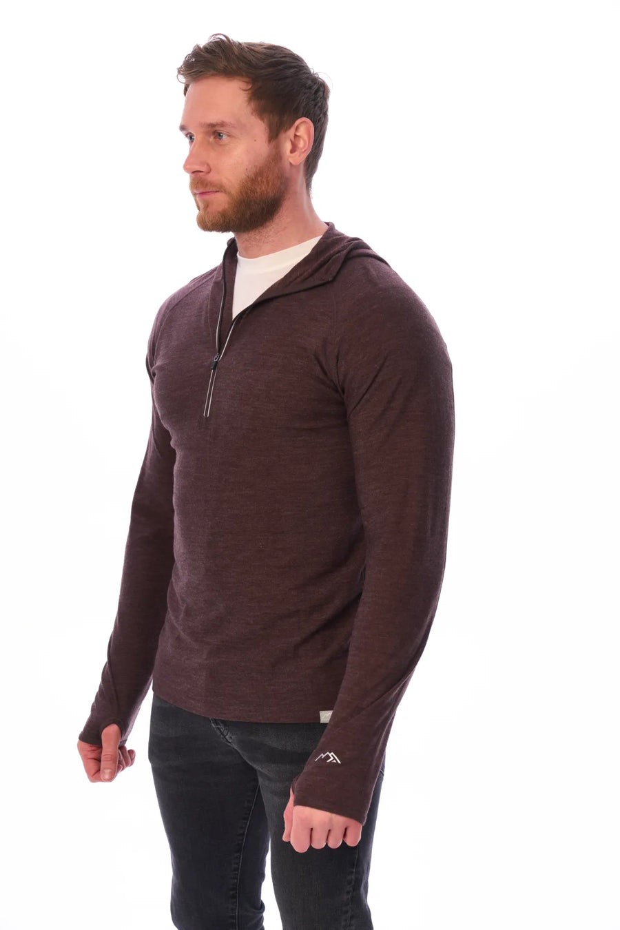 Men's Merino Wool Half Zip Hoodie 190 Chocolate — view 7