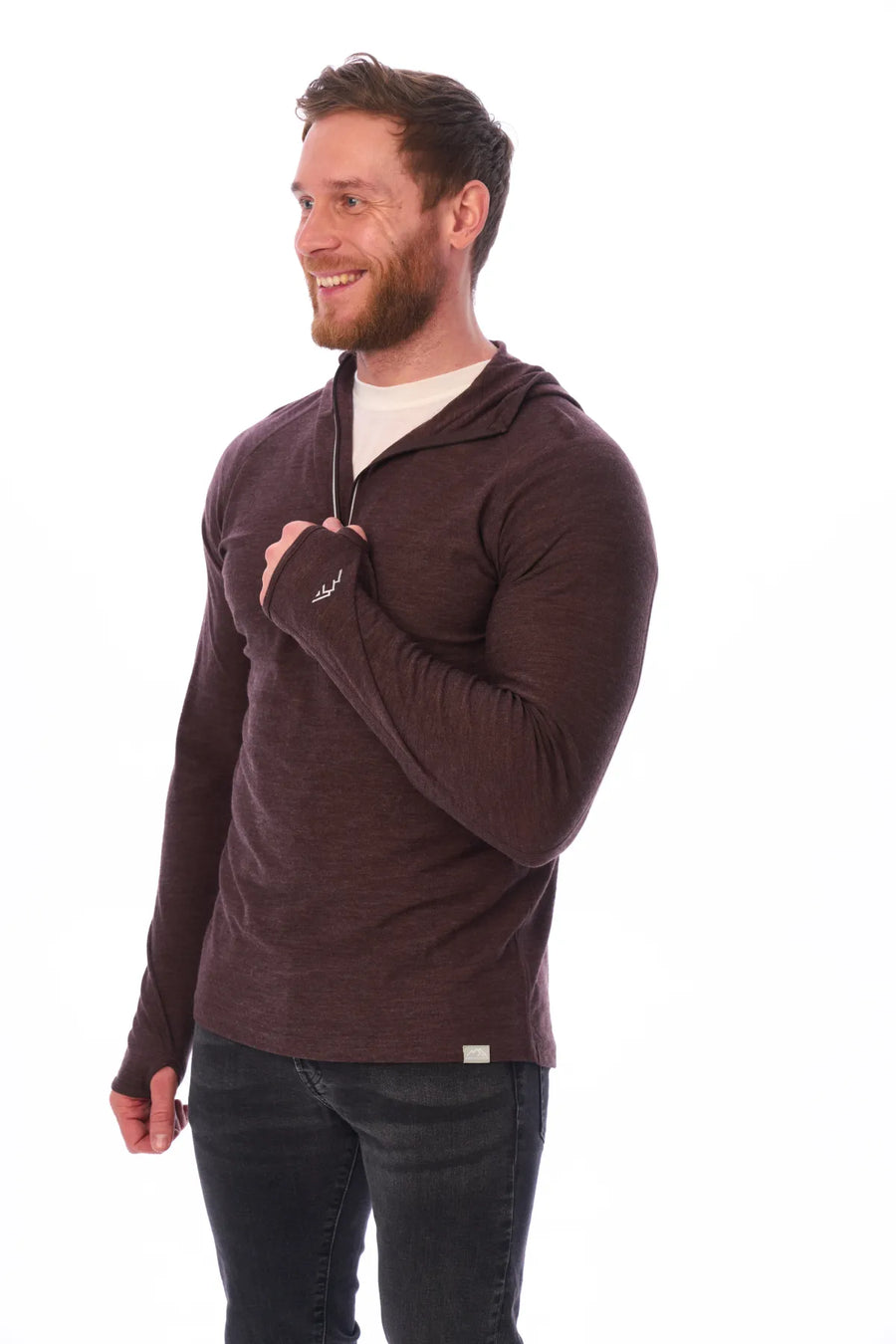 Men's Merino Wool Half Zip Hoodie 190 Chocolate — view 6