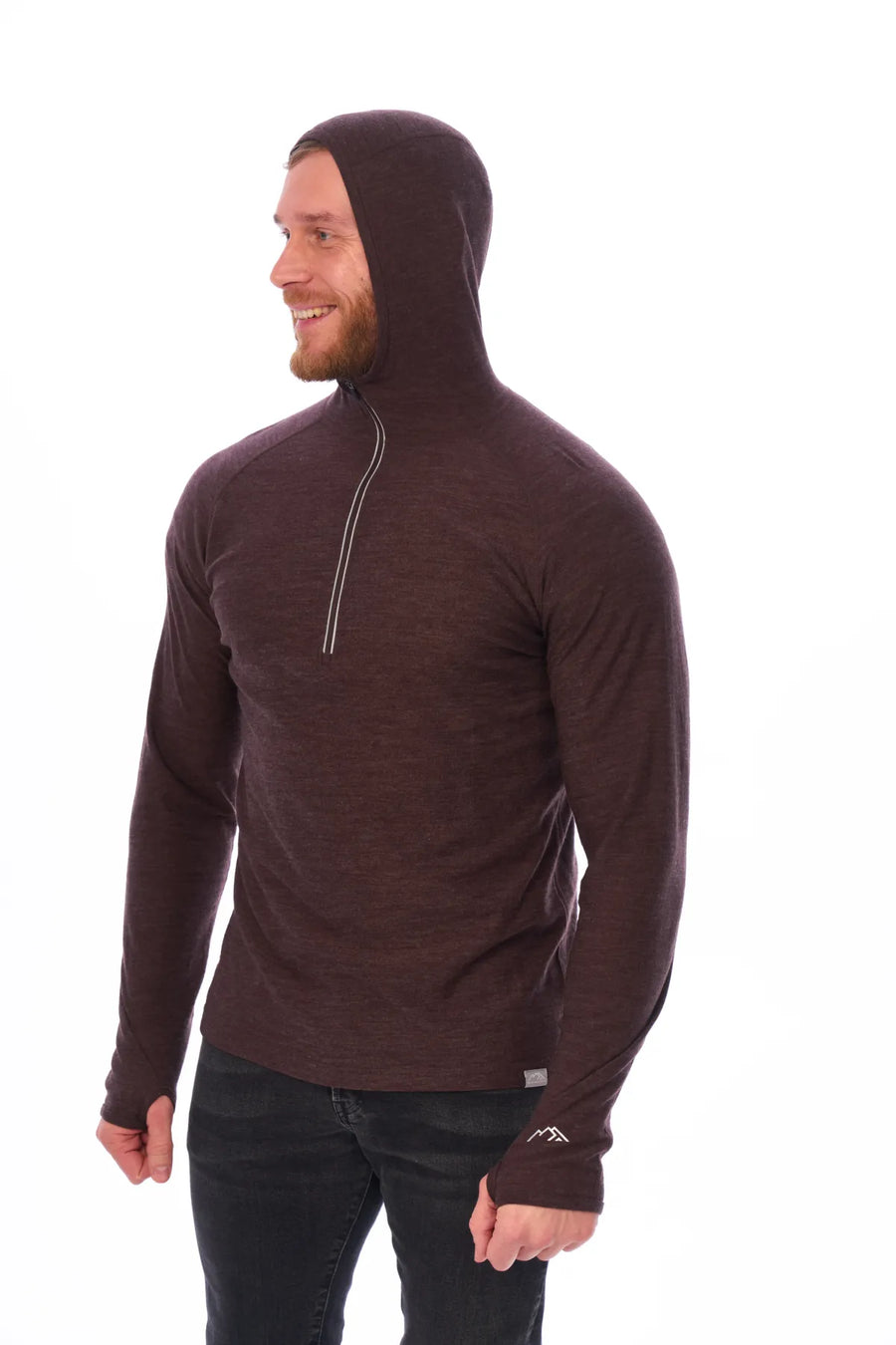 Men's Merino Wool Half Zip Hoodie 190 Chocolate — view 3