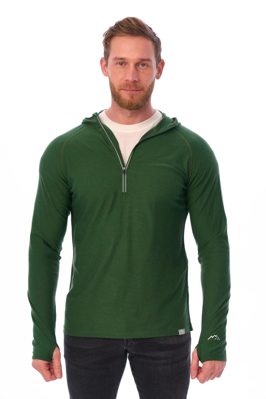 Men's Merino Wool Half Zip Hoodie 190 Olive — view 5