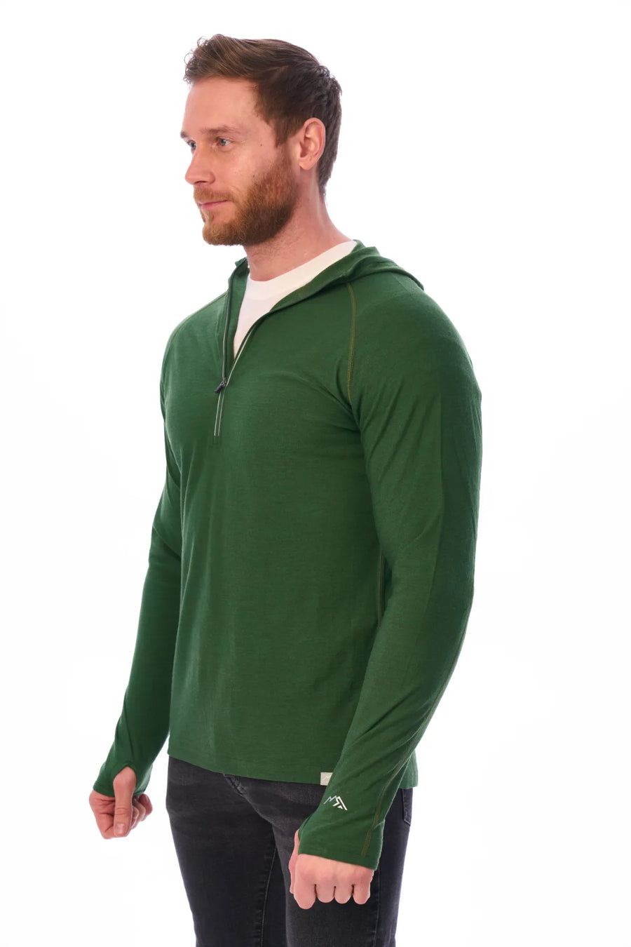 Men's Merino Wool Half Zip Hoodie 190 Olive — view 7