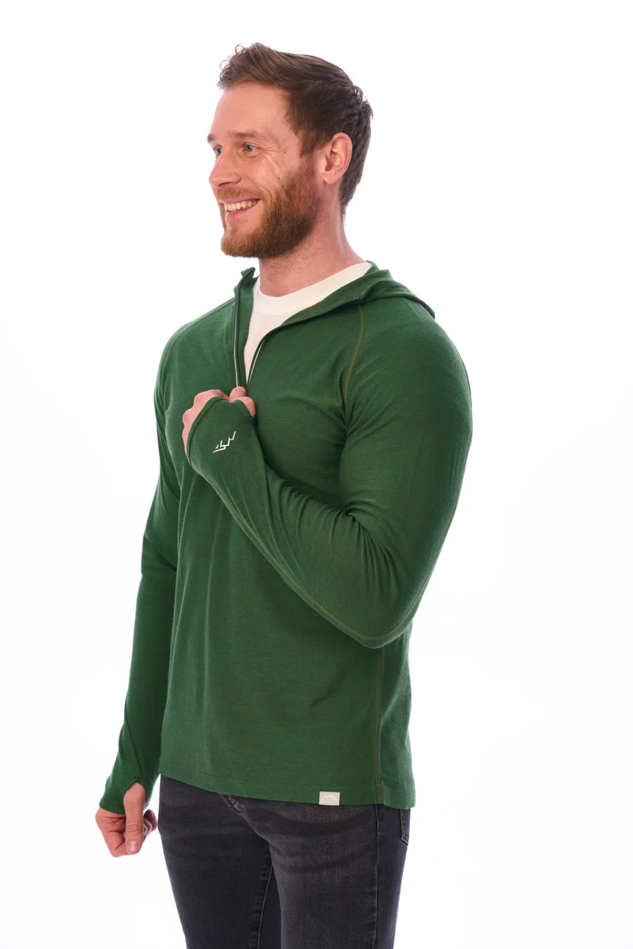 Men's Merino Wool Half Zip Hoodie 190 Olive — view 8