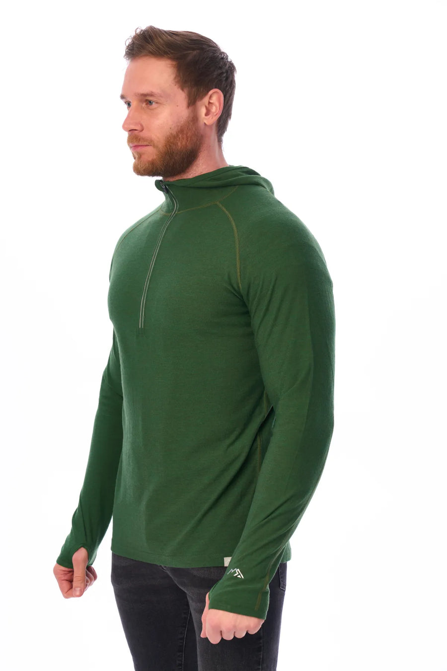 Men's Merino Wool Half Zip Hoodie 190 Olive — view 6