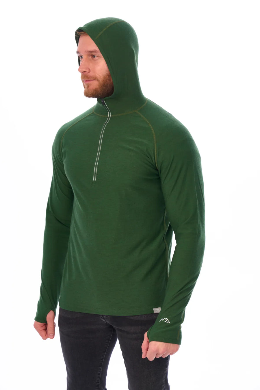 Men's Merino Wool Half Zip Hoodie 190 Olive — view 3
