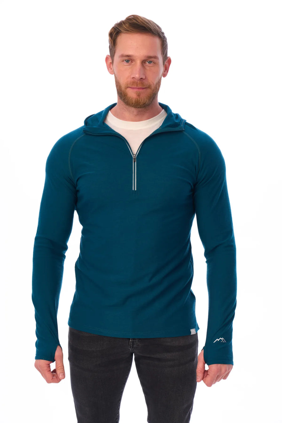 Men's Merino Wool Half Zip Hoodie 190 Deep Teal — view 5